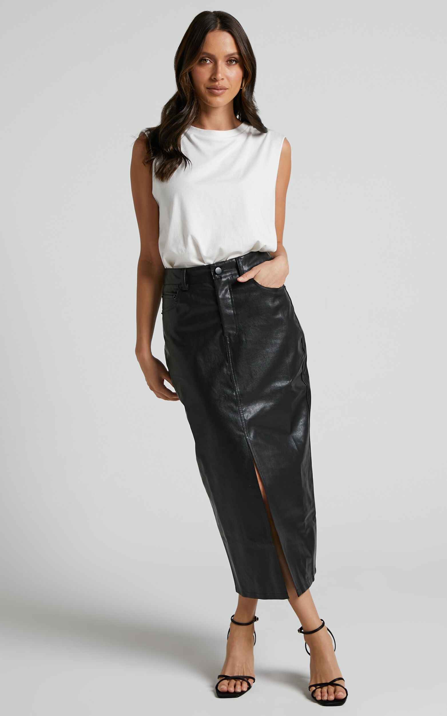 Faux Leather Front Slit Midi Skirt