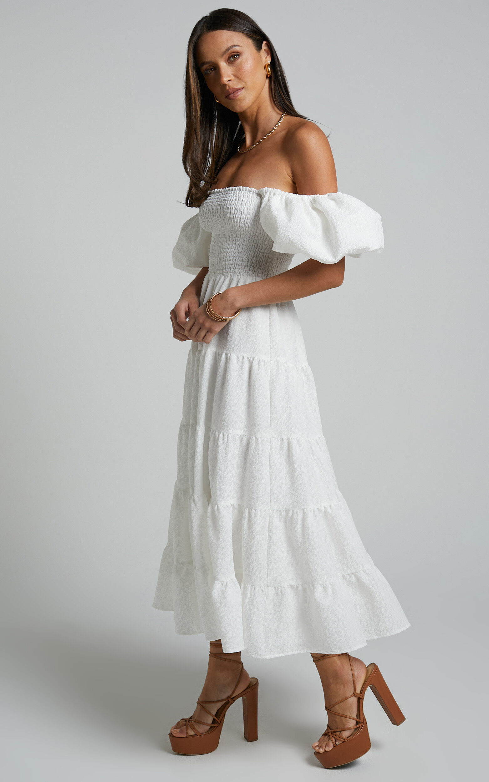 Maxima Midi Dress - Puff Sleeve Shirred Bodice Tiered Dress in White ...
