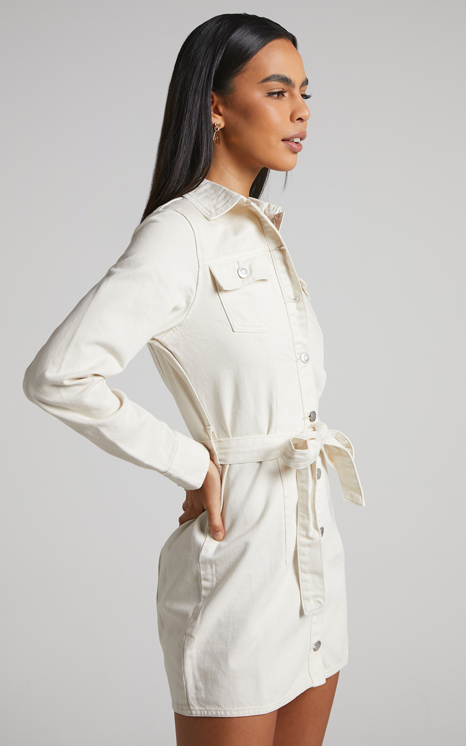 Enriquetta Mini Dress - Cotton Denim Long Sleeve Button Up Dress