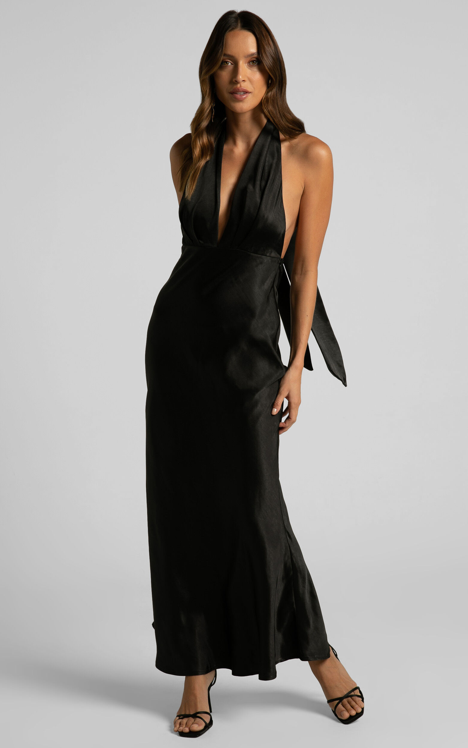 Aiyana Midi Dress - Halter Neck Satin Dress in Black | Showpo NZ