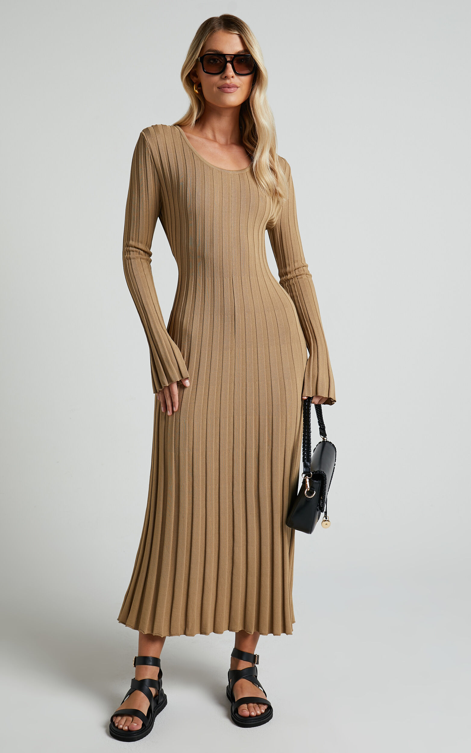 Blaire Midi Dress - Long Sleeve Tie Back Flare Dress in Roasted Cashew