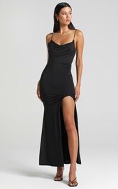 Tasteful Midi Dress - Cowl Neck Bodycon Thigh Split Dress in Black | Showpo