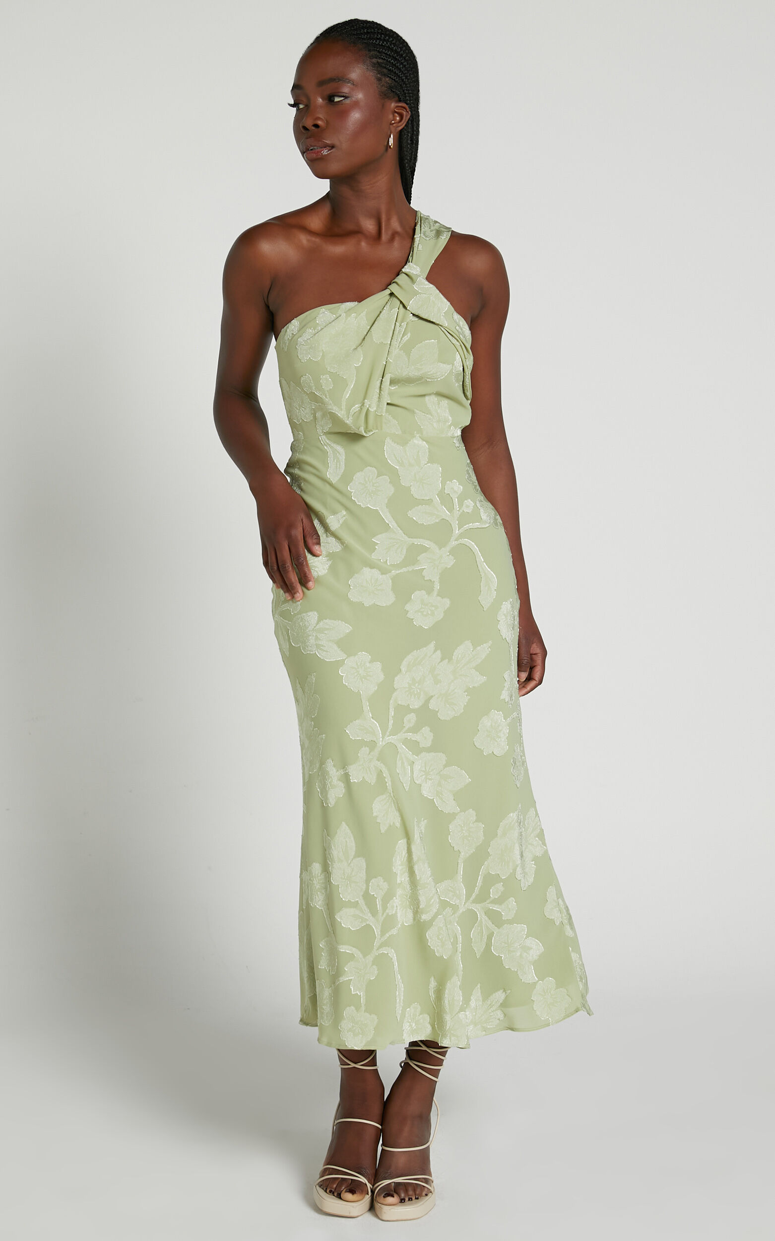 Brooklyn Midi Dress - One Shoulder Knot Detail Dress in Sage
