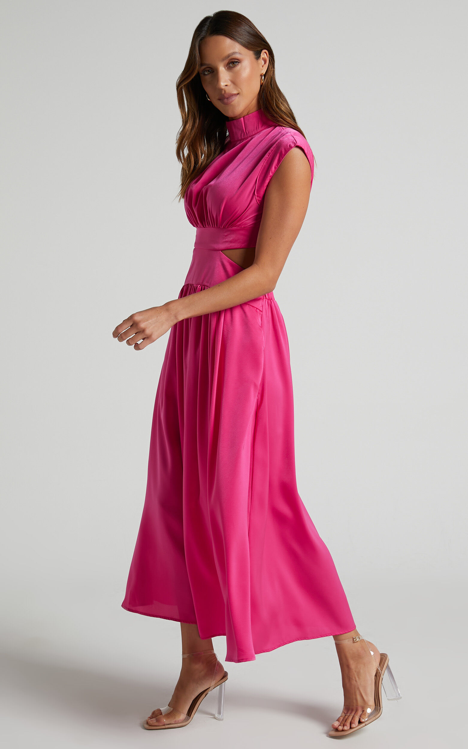 Natalyah Midi Dress - Mock Neck Cut Out Gathered Dress in Pink