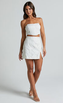 Rhaiza Mini Skirt - Faux Feather Trim High Waisted Skirt in White