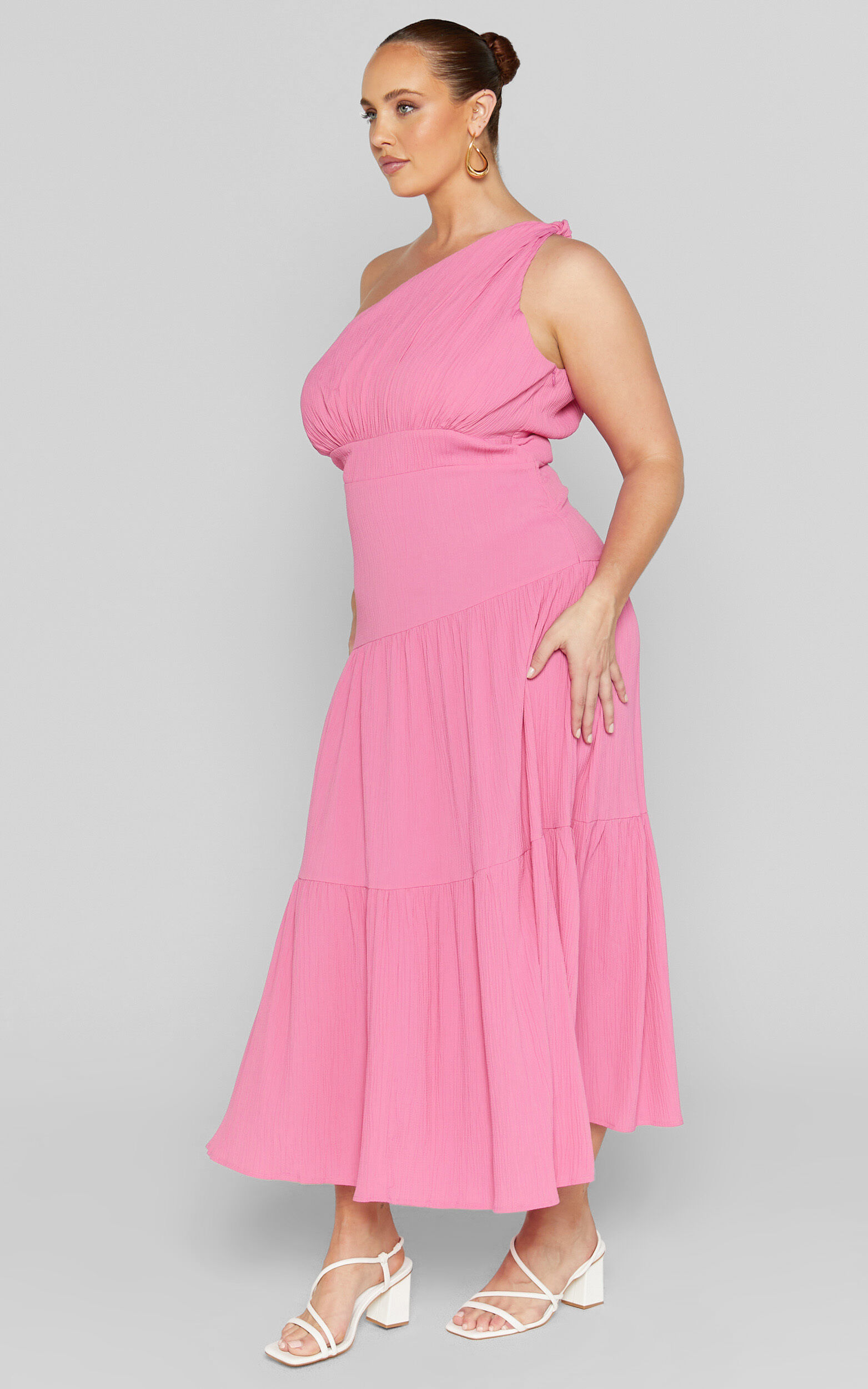 Celestia Midi Dress Tiered One Shoulder Dress In Bright Pink Showpo Usa