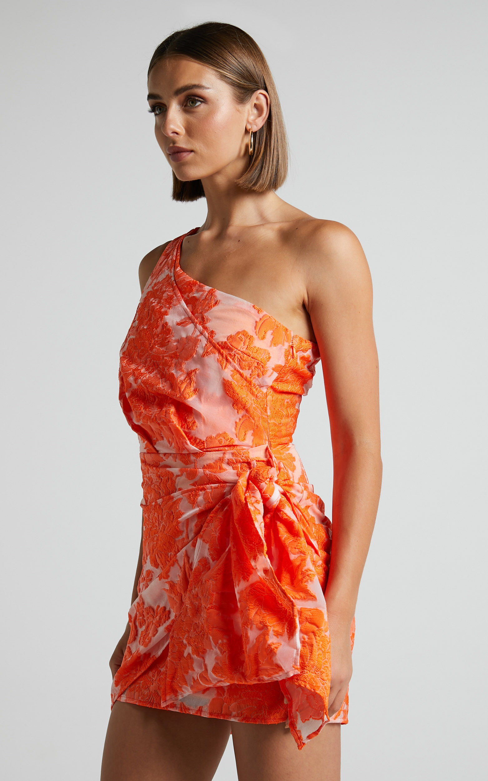 Brailey One Shoulder Wrap Front Mini Dress In Orange Jacquard Showpo Usa 