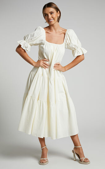 Zaharrah Tiered Midi Dress in Cream Linen Look | Showpo USA
