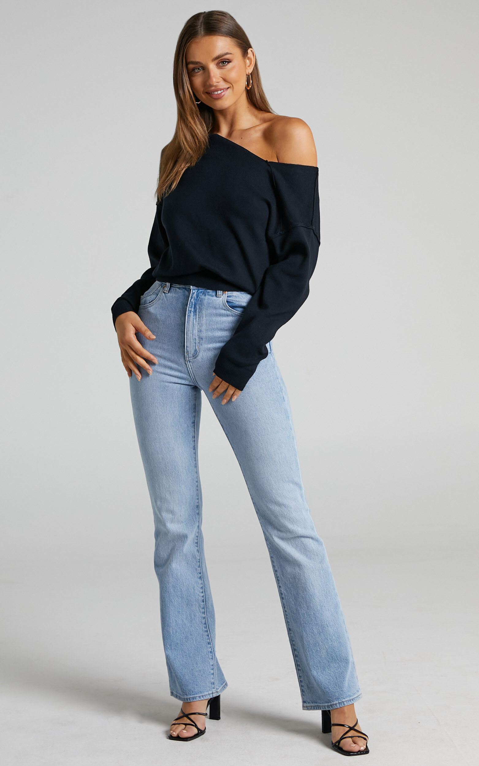 Kamille Top - Asymmetric Side Shoulder Knit Top in Black | Showpo USA