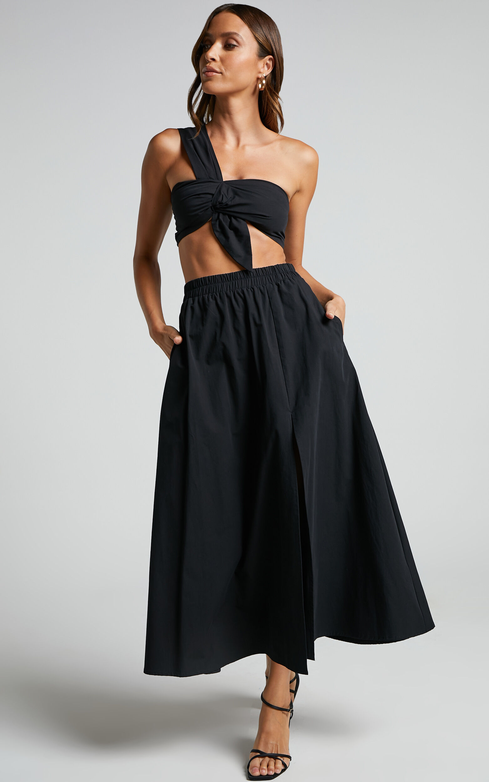 Black Script Print One Shoulder Ruched Midi Skirt Two Piece Set - Hot Miami  Styles