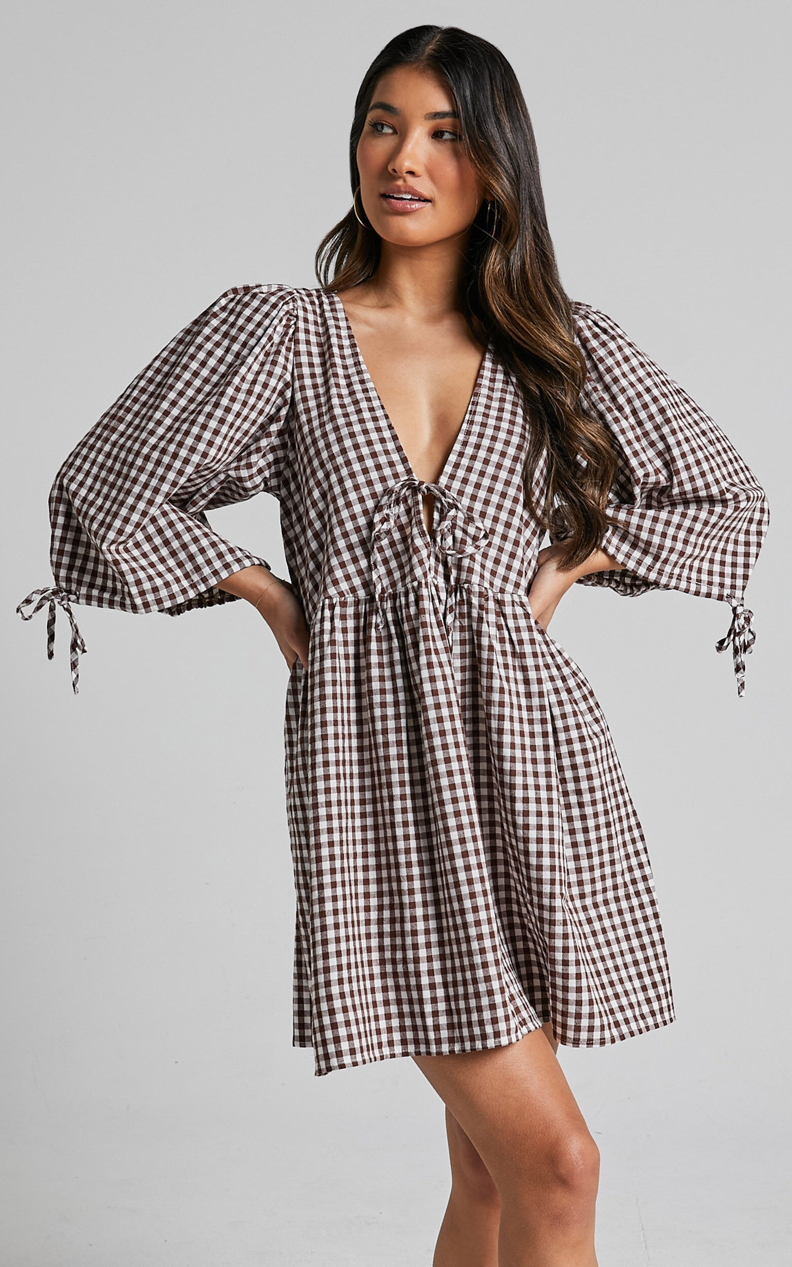 Rosita Mini Dress - Tie Front Puff Sleeve Dress in Brown and White ...