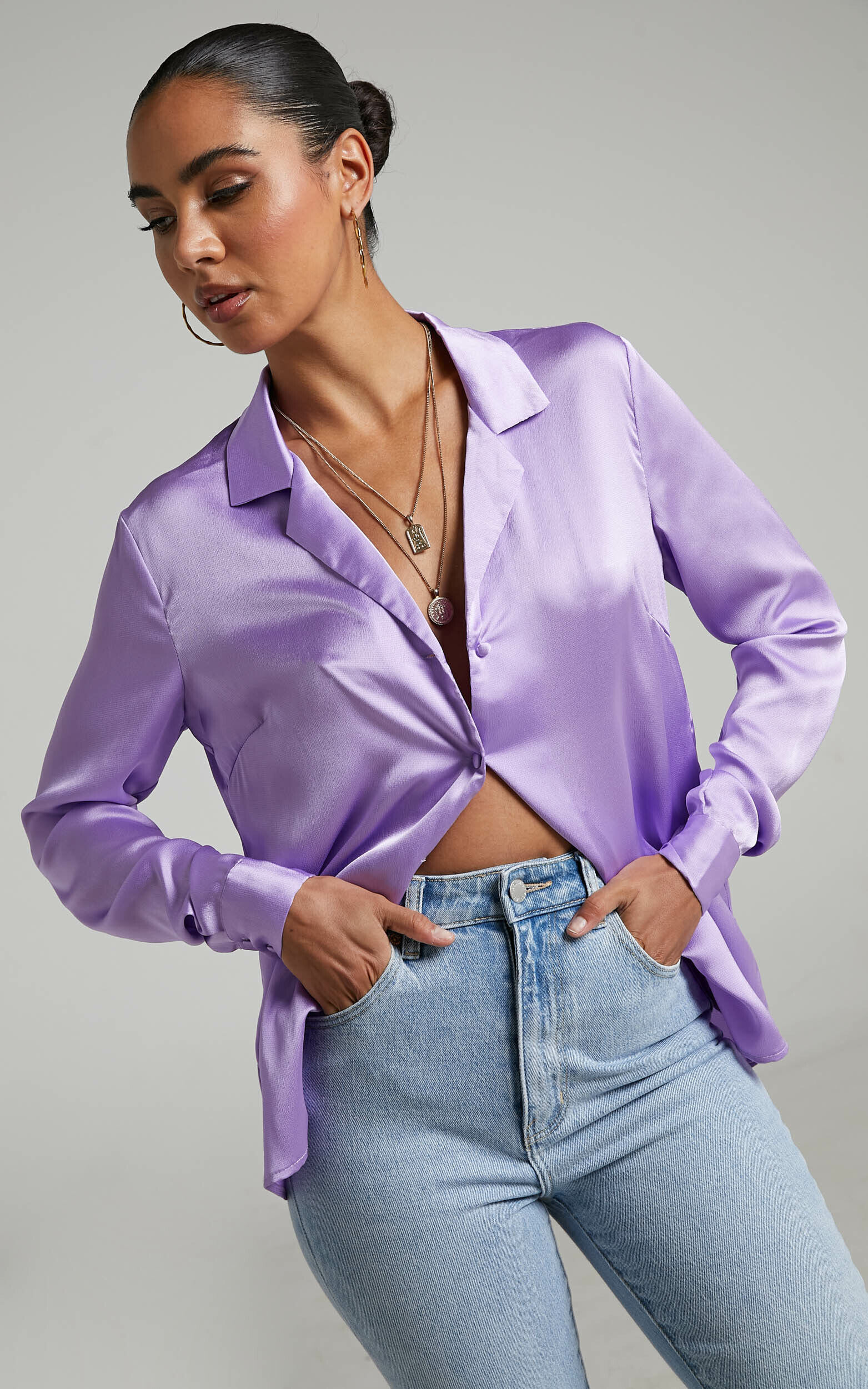 Tinna Longsleeve Satin Collared Button Up Shirt USA in Lilac | Showpo