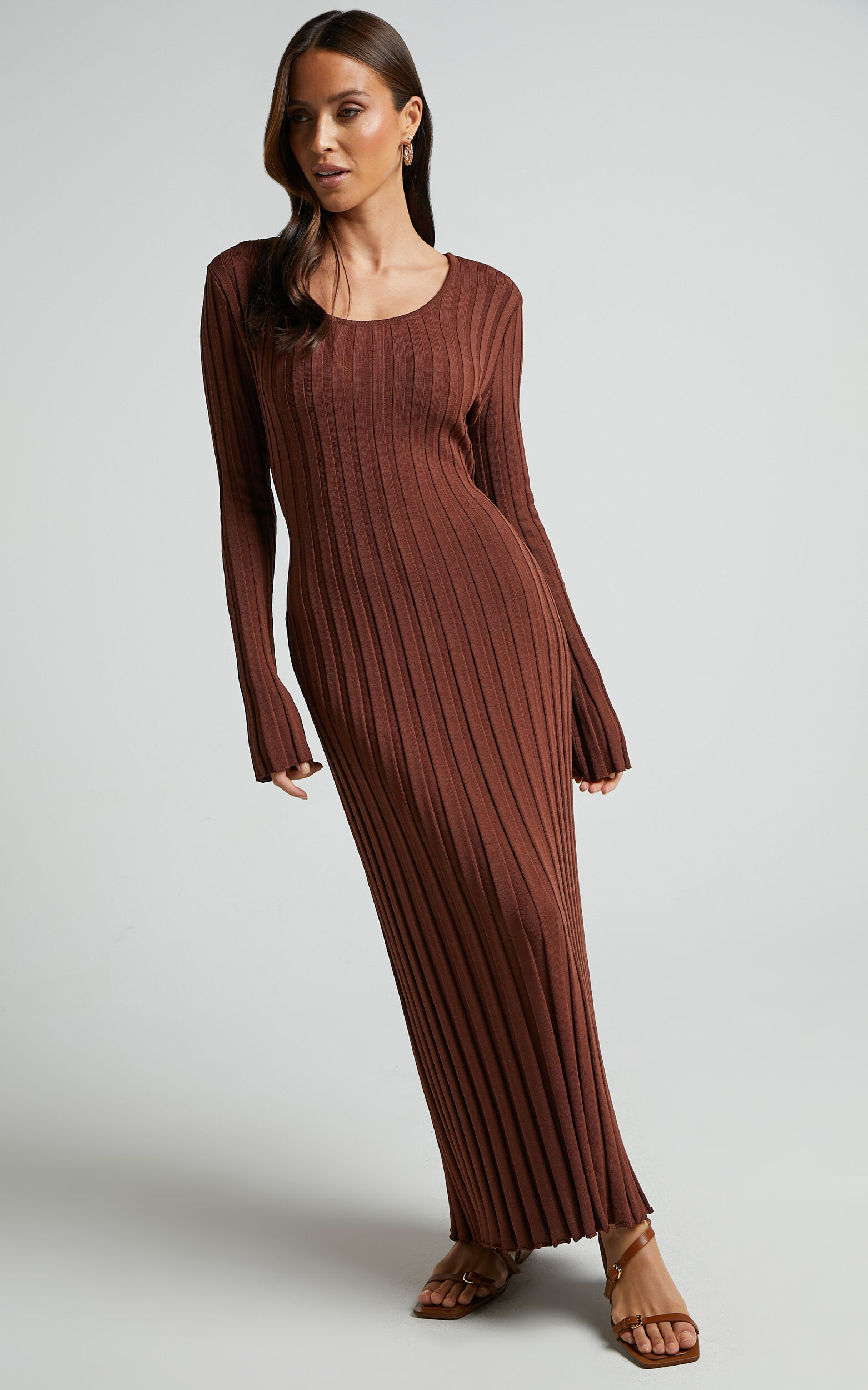 Blaire Midi Dress - Long Sleeve Tie Back Flare Dress in Chocolate
