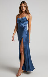 Brody Maxi Dress - High Split Bodice Slip Dress in Steel Blue | Showpo