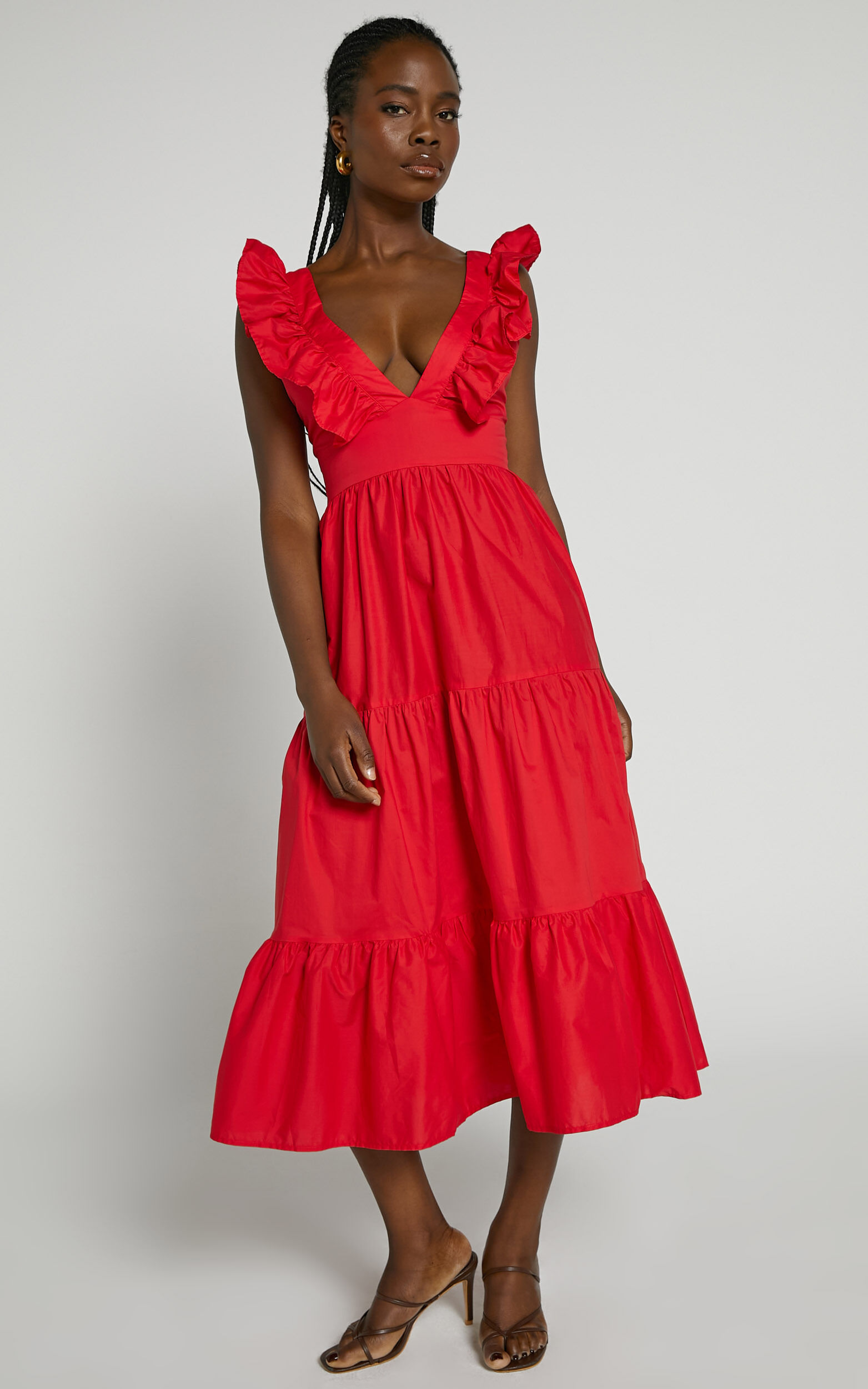 Levona Midi Dress - Ruffle Shoulder Tiered Dress in Cherry Tomato