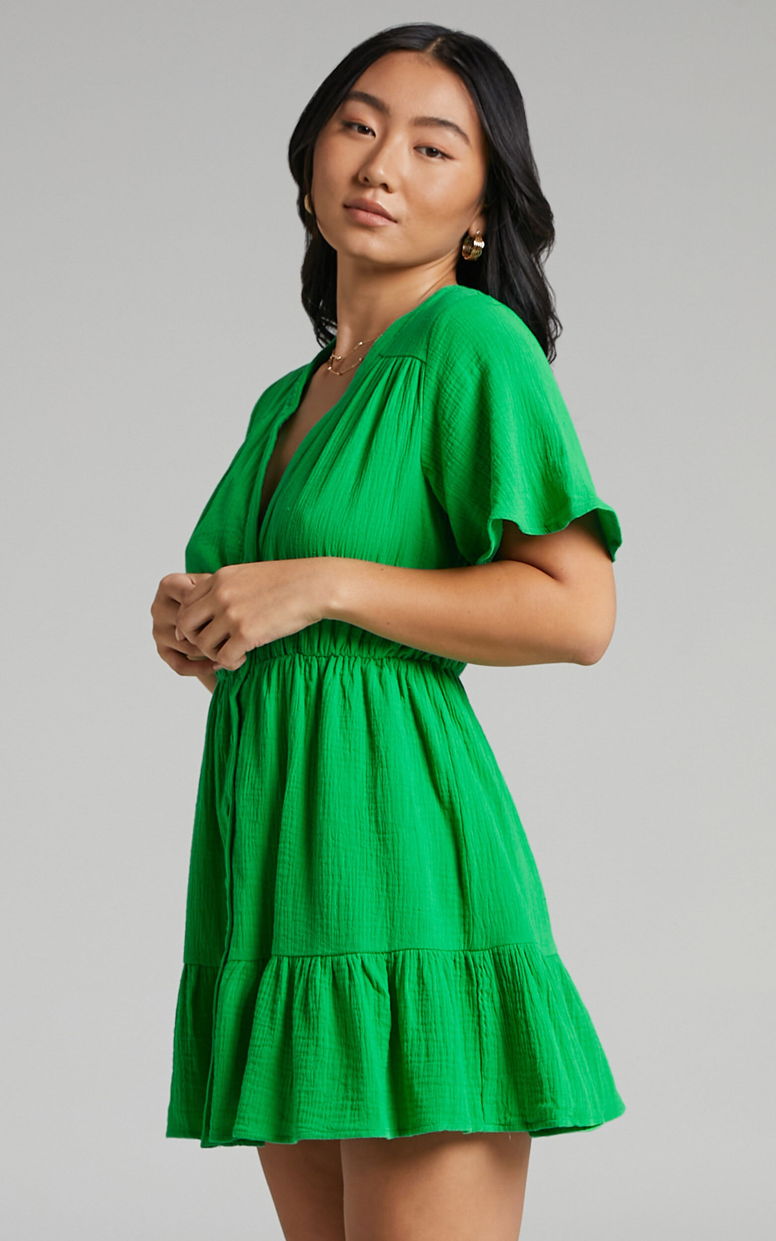 Isabella Button Up Flutter Sleeves Mini Dress In Green Showpo Usa 