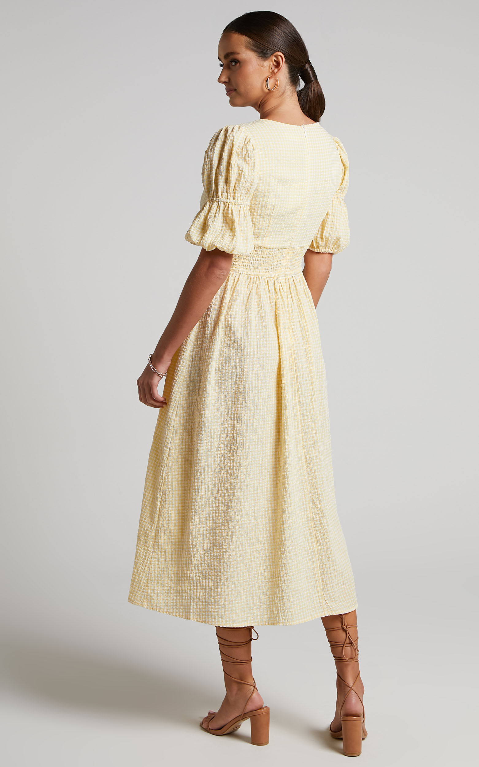 Augusta Midi Dress - Button Detail V Neck Double Puff Sleeve Dress in  Butter Yellow