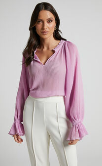 Kerray Top Neck V Lilac USA | in Top Long - Pleated Sleeve Showpo