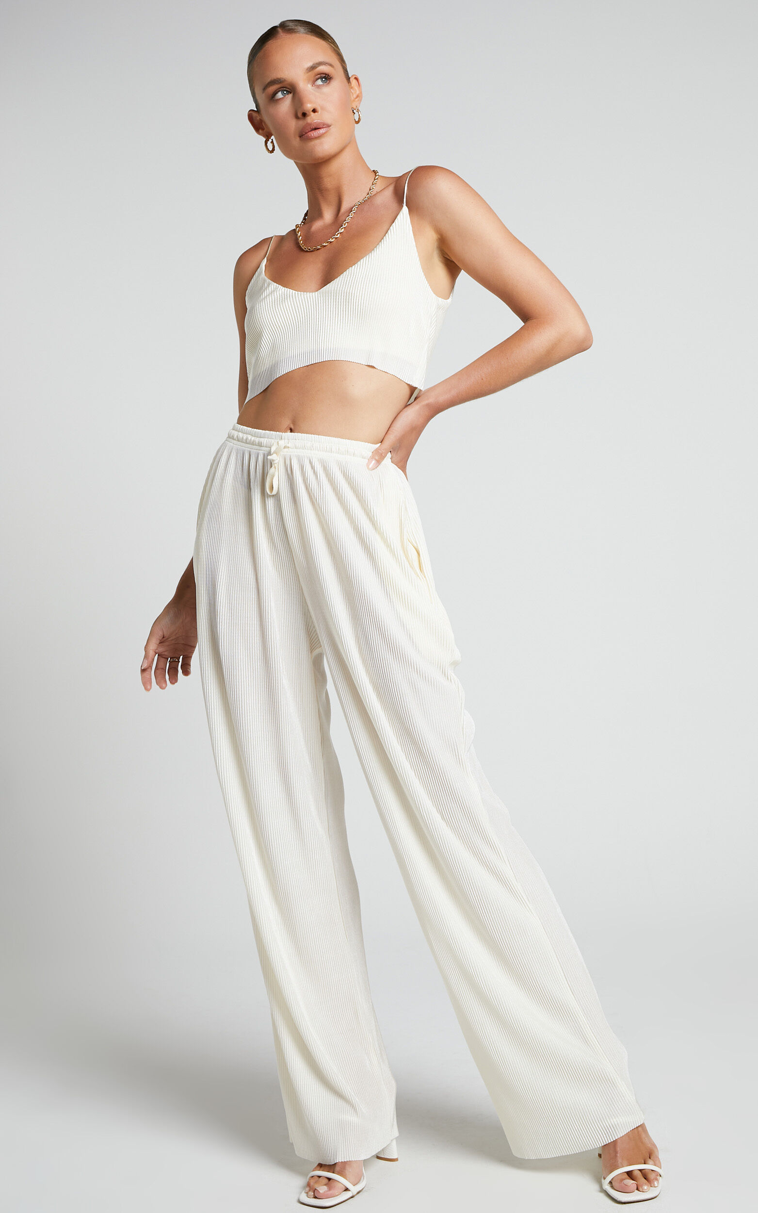 Elowen Two Piece Set - Plisse Crop Top and Relaxed Wide Leg Pants Set ...