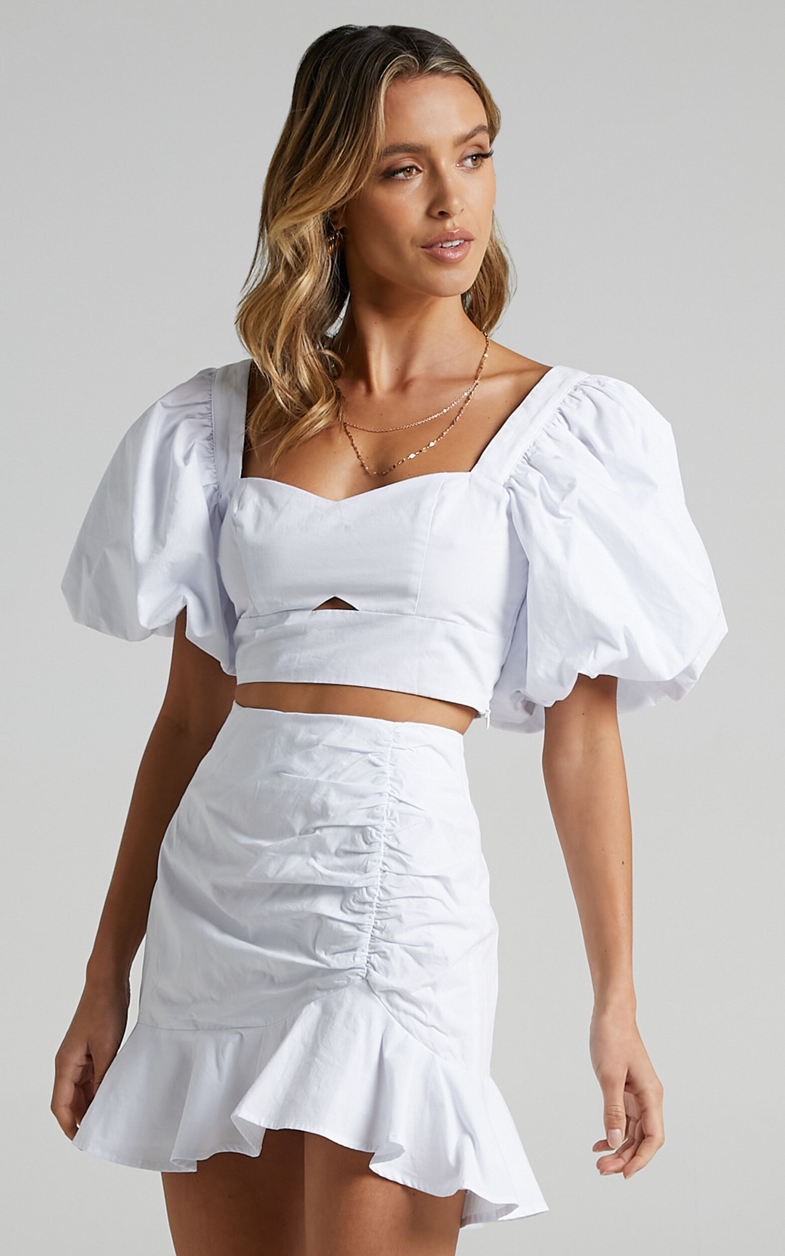 Astarte Two Piece Set - Puff Sleeve Crop Top and Ruched Mini Skirt Set in  White