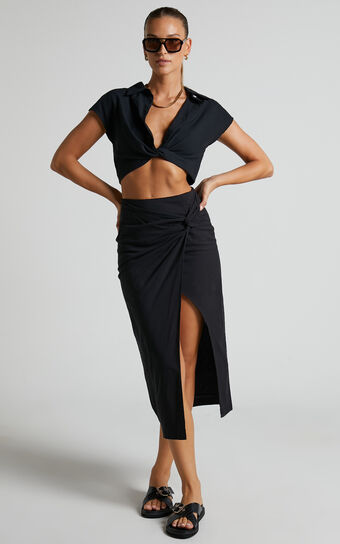 Marieta Midi Skirt - Linen Look Knot Front Skirt in Black | Showpo