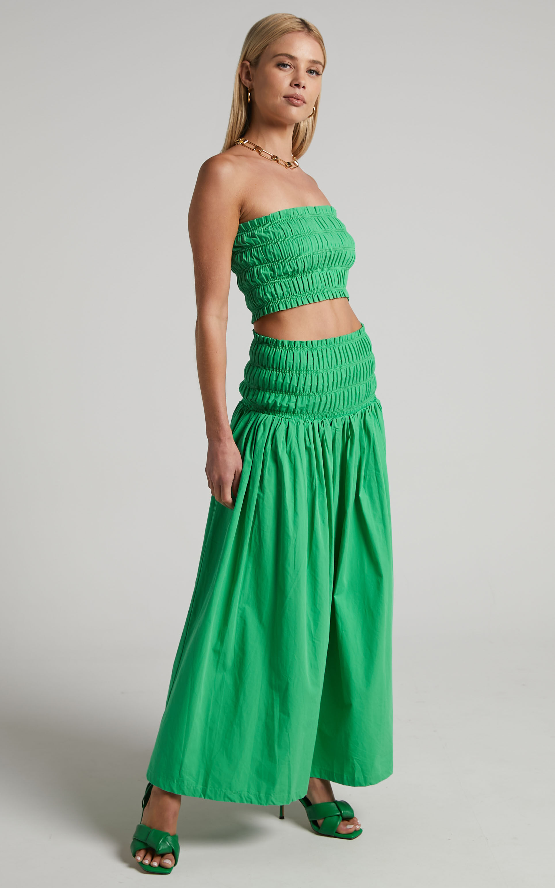 Haydie Two Piece Set - Shirred Bandeau Crop Top and Maxi Skirt in Green