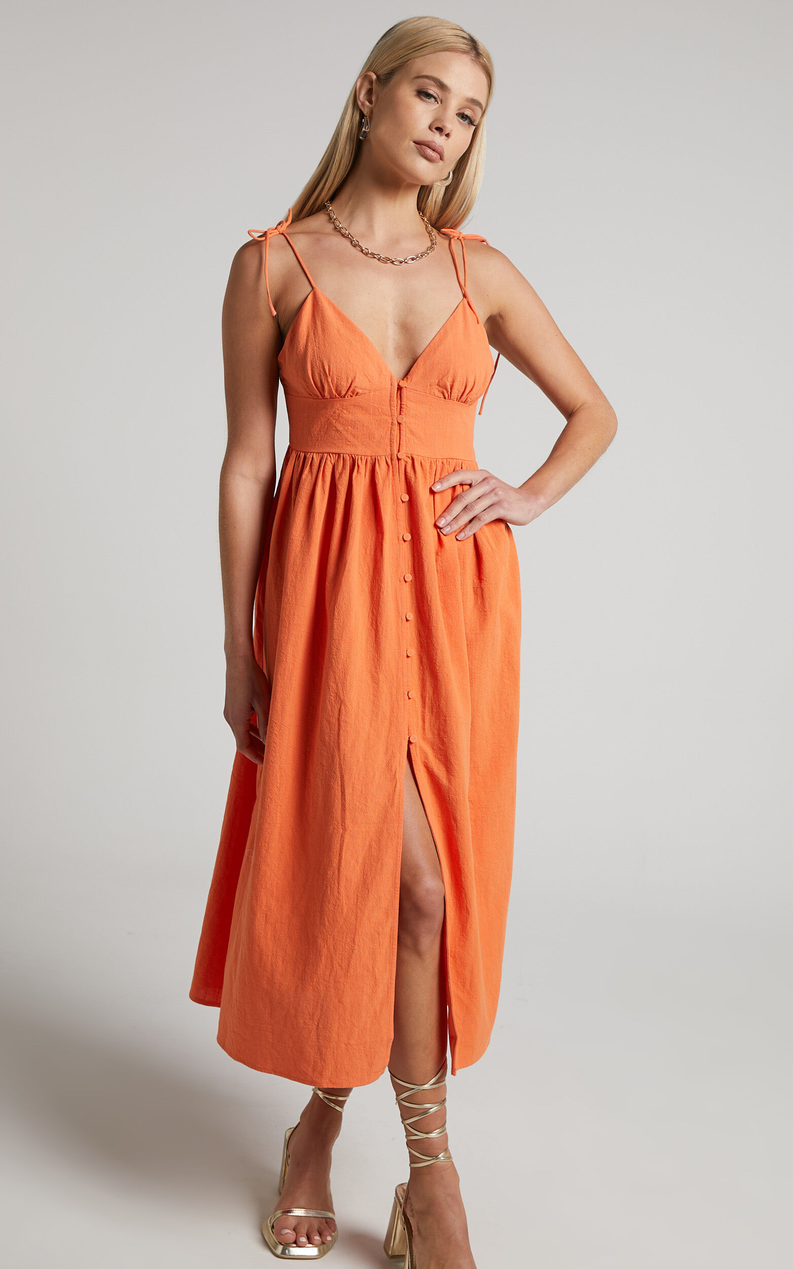 Dress V Orange - USA Button Showpo Midi Shoulder Dress Neck Up | in Tie Chalmer