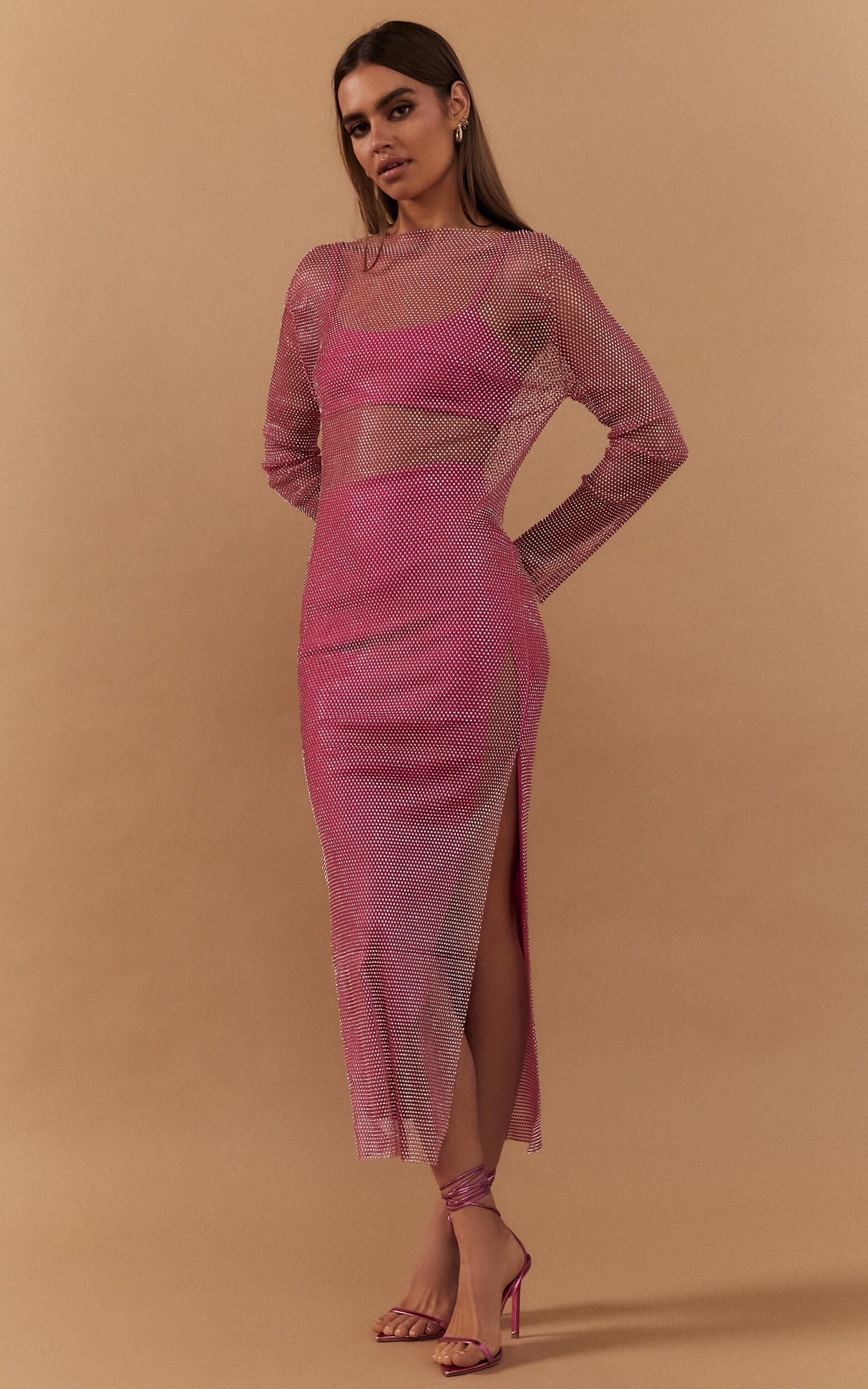 Representación Tina popurrí Karmen Midi Dress - Long Sleeve Split Diamante Mesh Dress in Pink | Showpo  USA