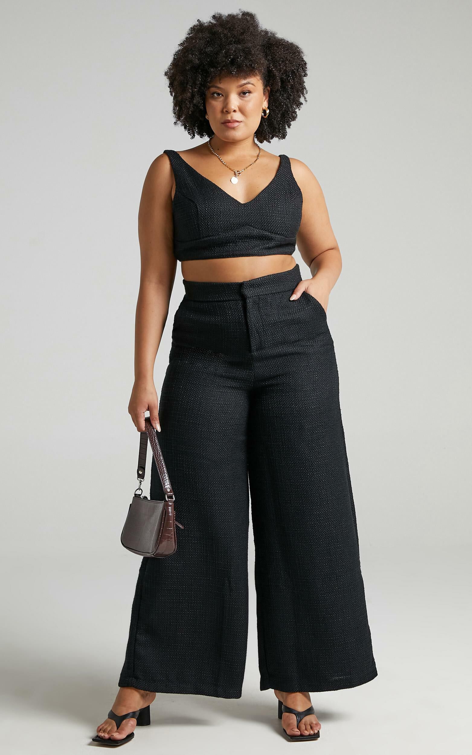 Adelaide Two Piece Set - Crop Top and Wide Leg Pants Set in Black ...