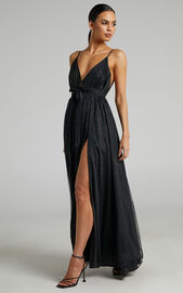 Angelina Midi Dress - Plunge Neck Glitter Neck Dress in Black | Showpo USA