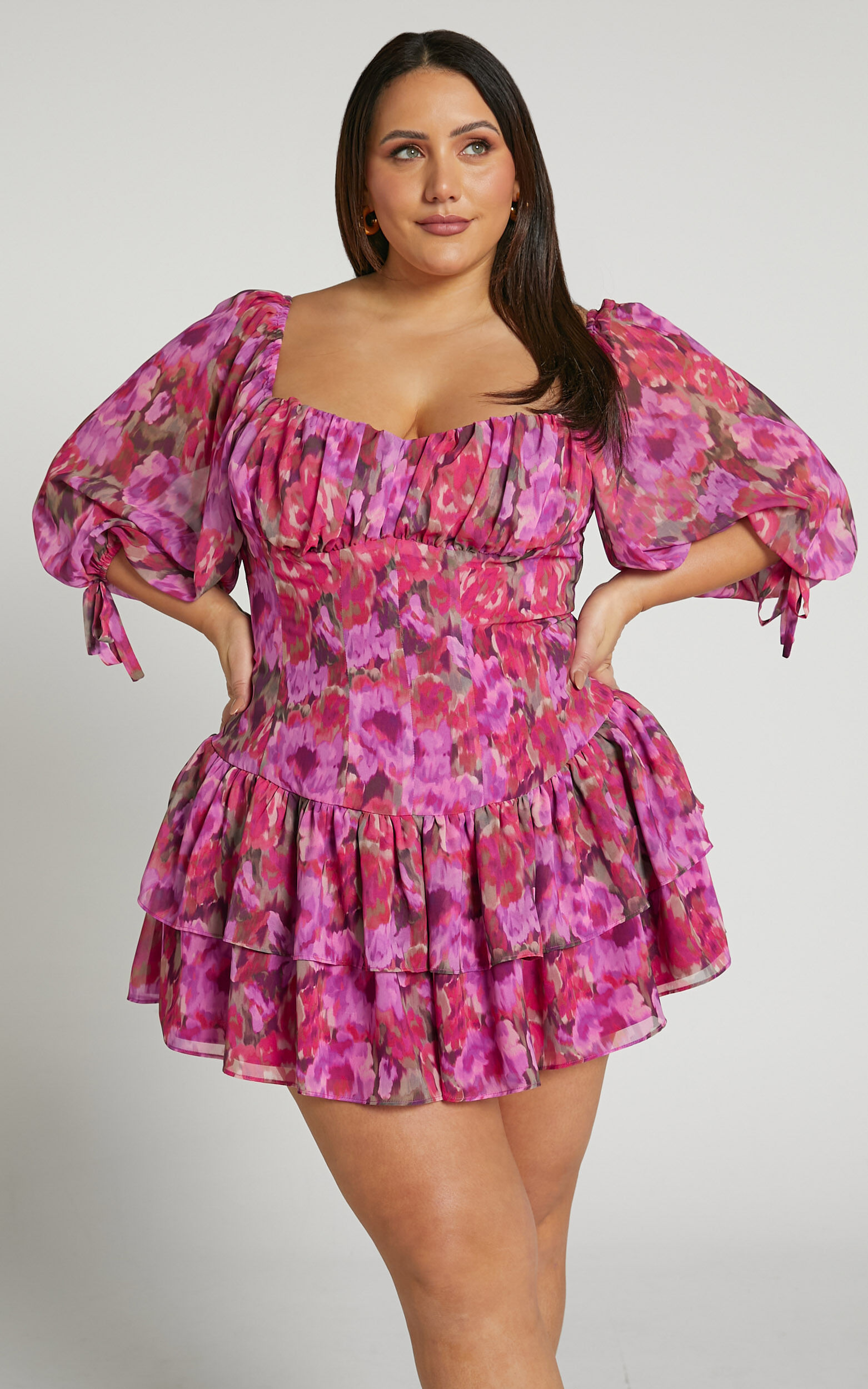 Clabelle Mini Dress - Puff Sleeve Tiered Ruffle Hem Sweetheart Dress in ...
