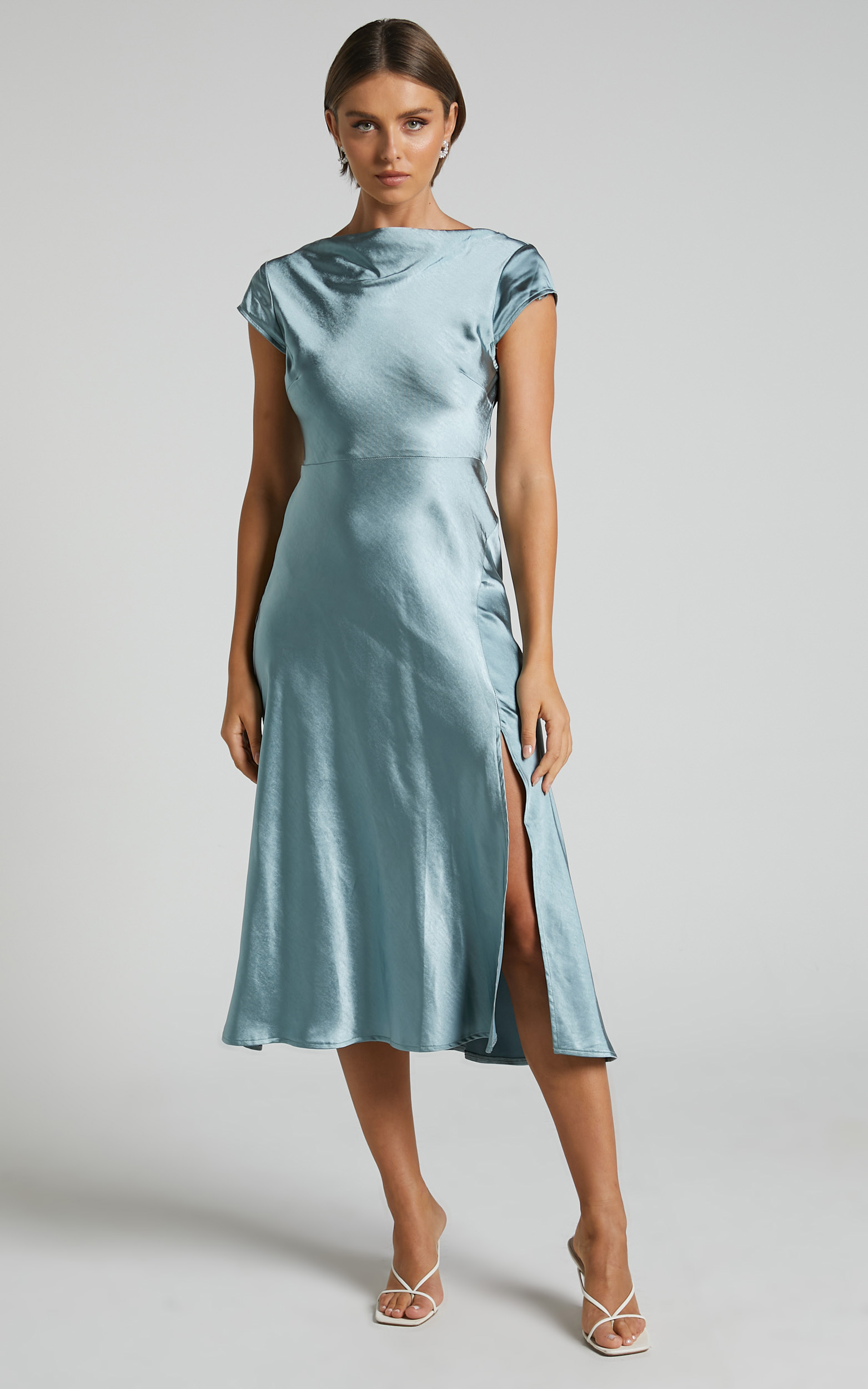 Vesper Midi Dress - Back Cut Out High Neck Satin Dress in Ice Blue | Showpo