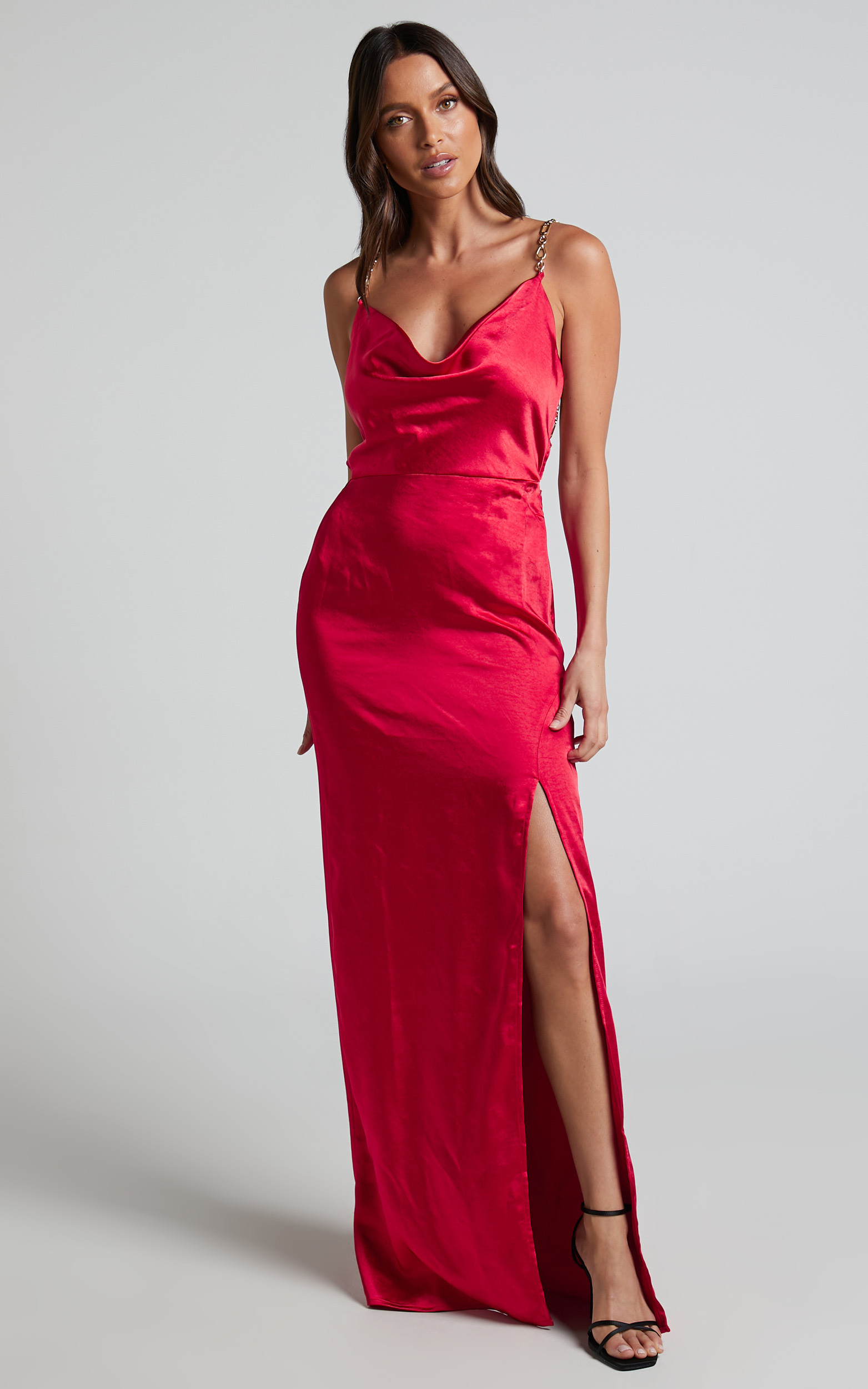 Bravia Open Back Satin Maxi Dress in Red | Showpo USA