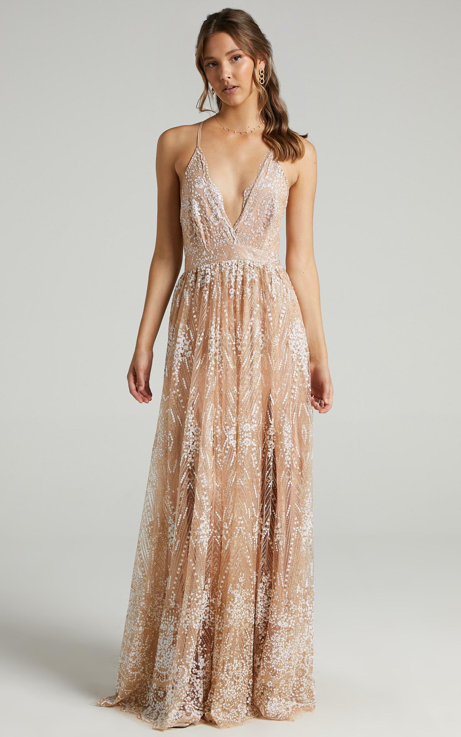 NEW YORK NIGHTS MAXI DRESS - SEQUIN PLUNGE CROSS BACK DRESS in