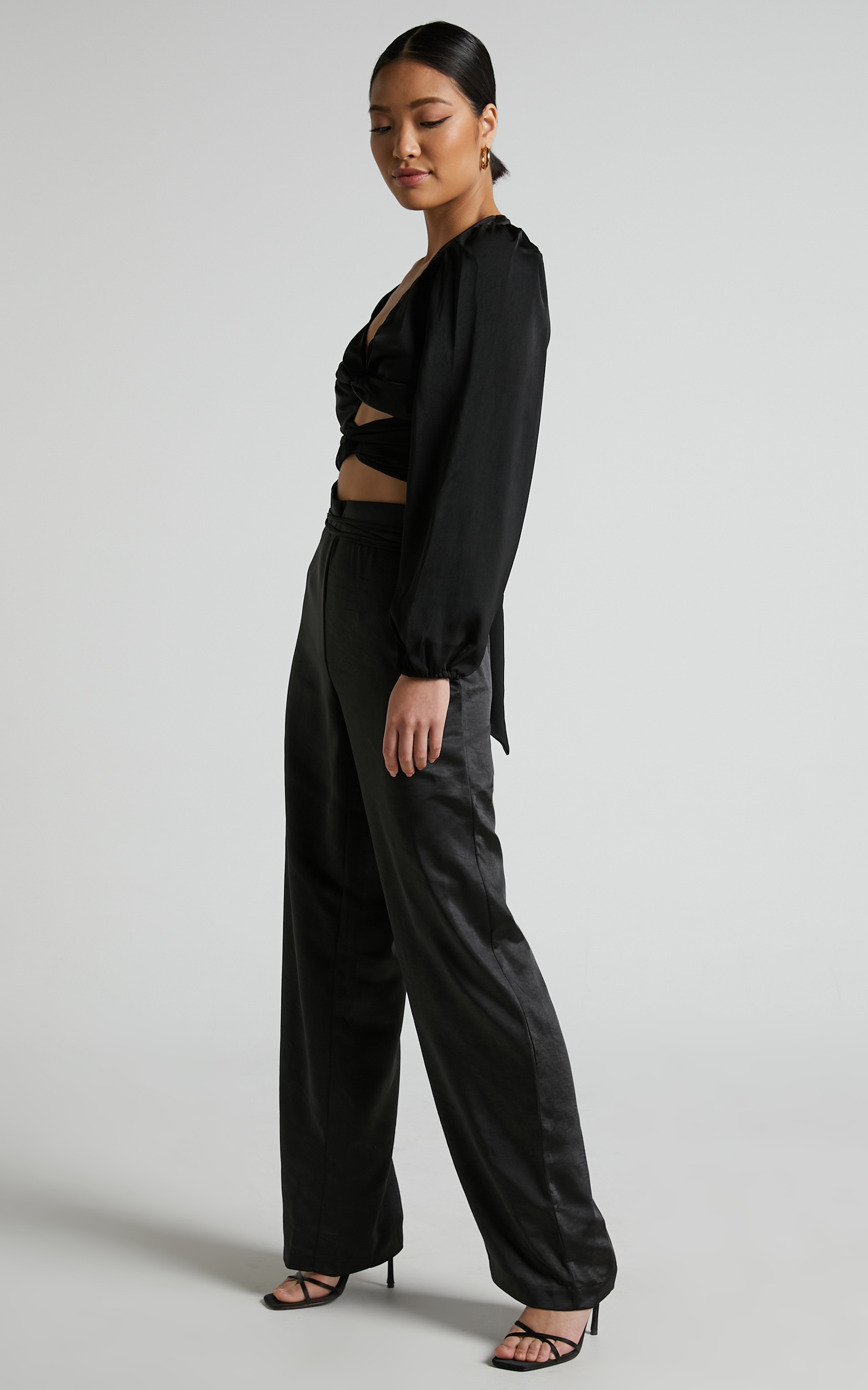 ASOS DESIGN high rise sassy cigarette pants with split front in black  satin  ShopStyle Trousers