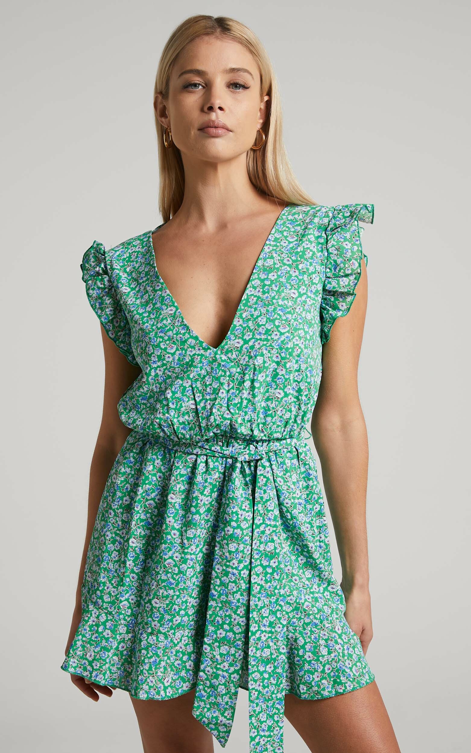Alayssa Playsuit - V Neck Tie Waist Ruffle Playsuit in Green Ditsy ...