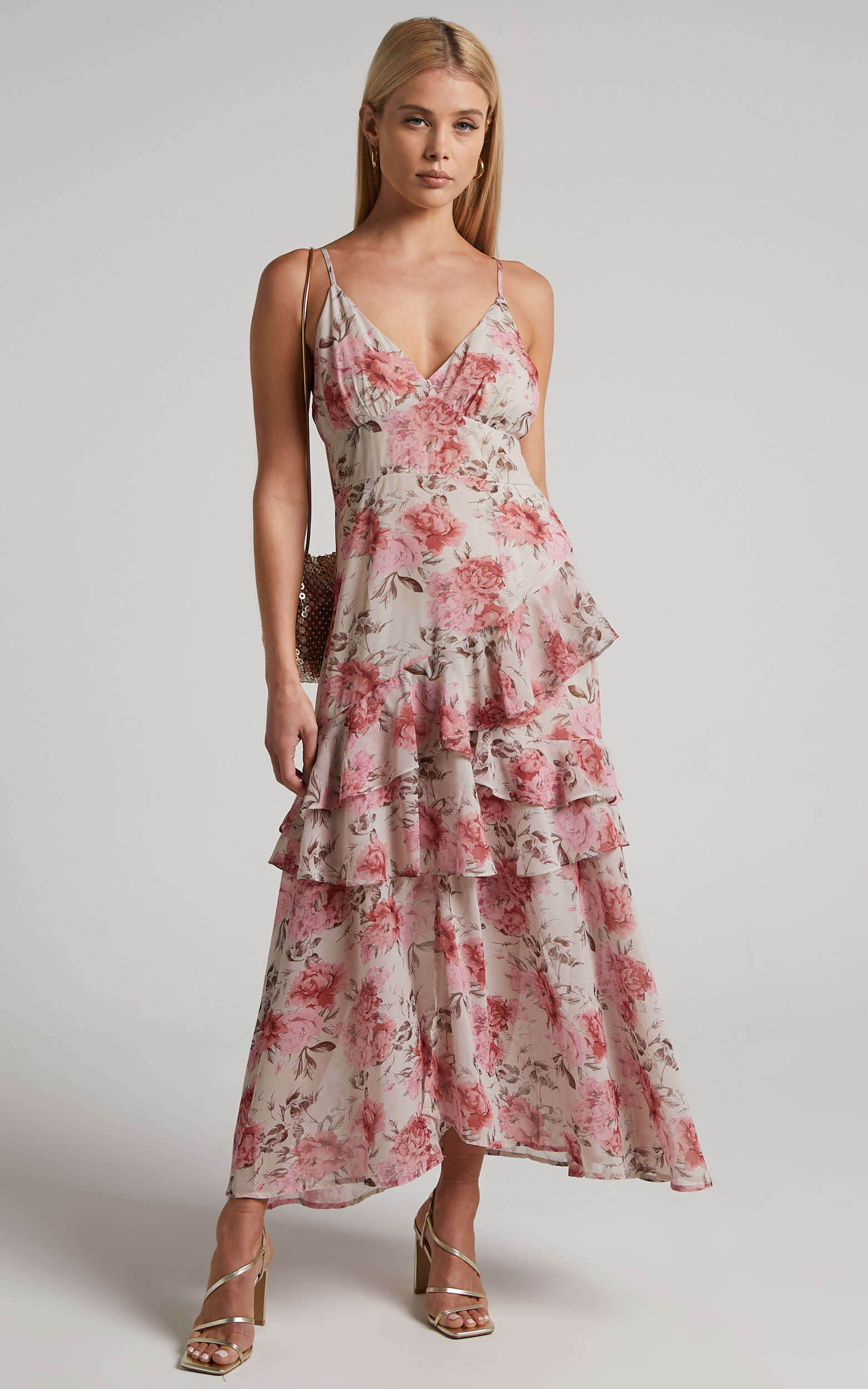 Caliope Maxi Dress - V Neck Tiered Ruffle Dress in Pink Floral | Showpo USA