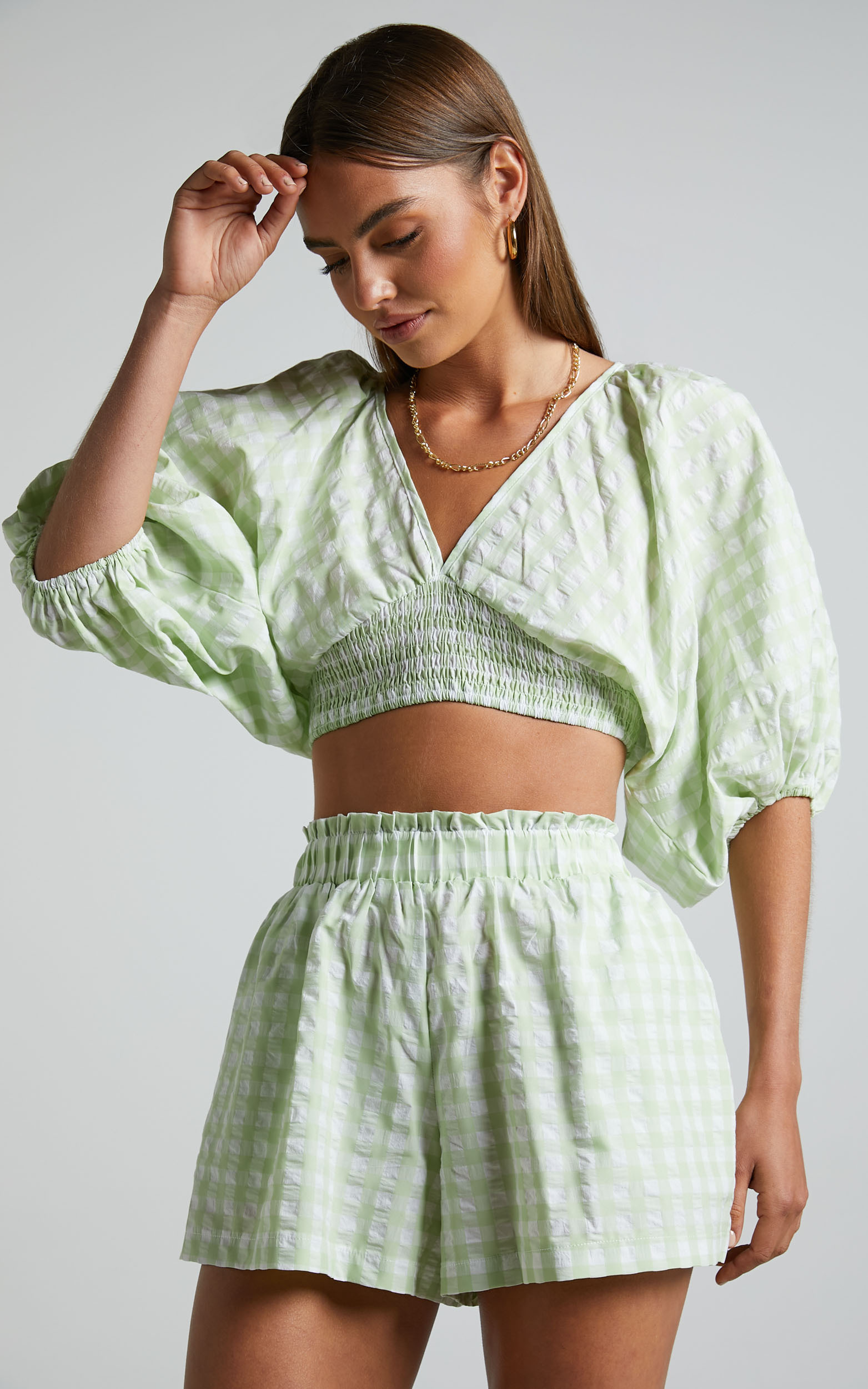 Madelyn V Neck Puff Sleeve Crop Top in Mint Gingham | Showpo USA