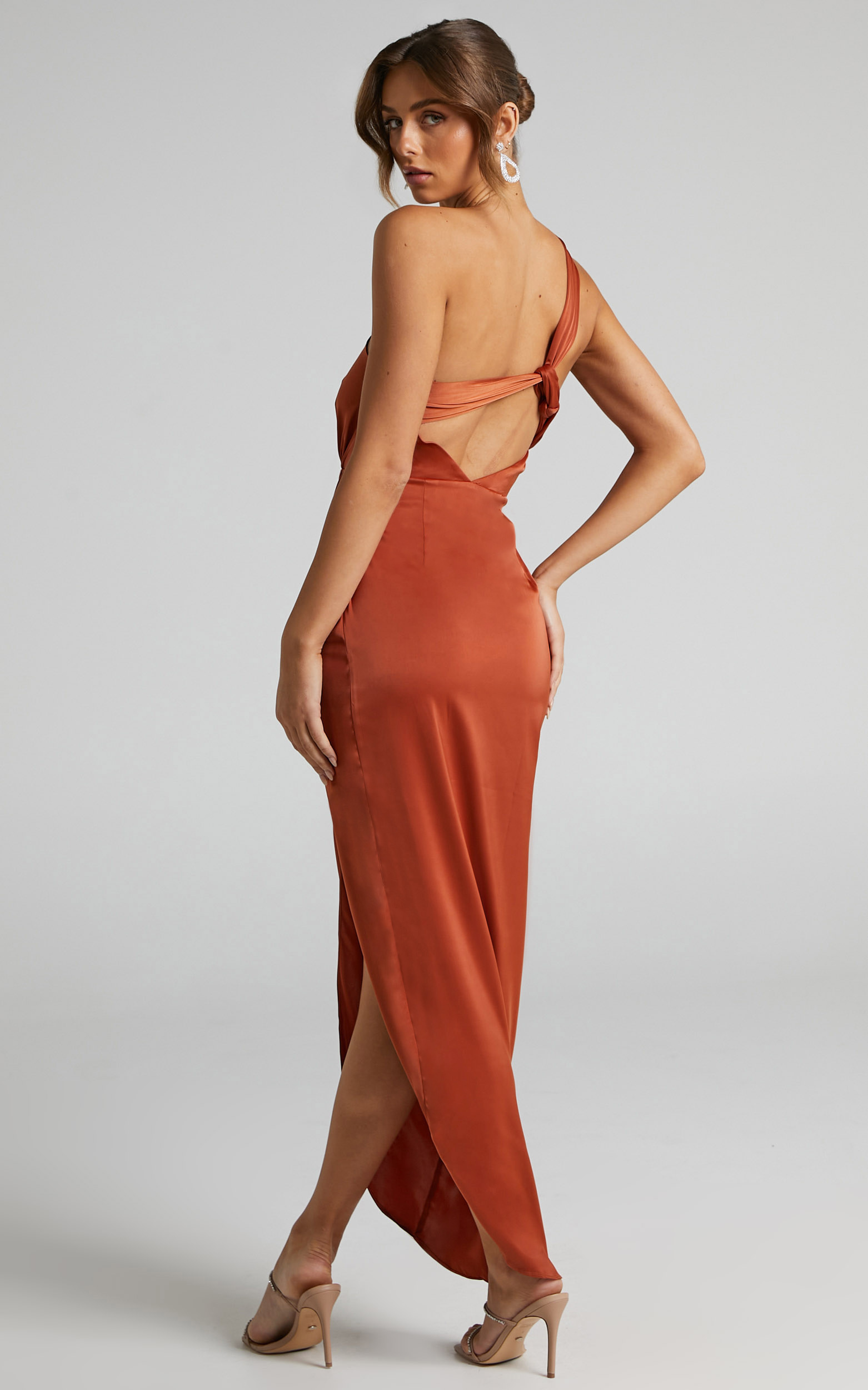 Genoise One Shoulder Draped Asymmetric Satin Maxi Dress in Pink Clay ...
