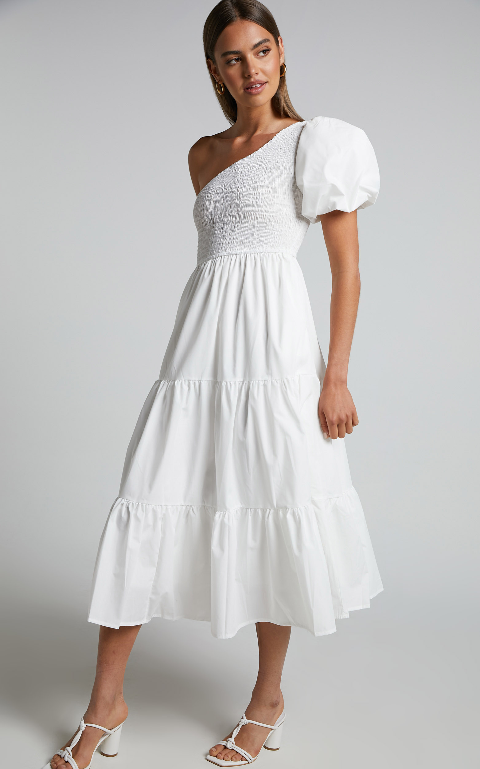Kennedy Midi Dress - One Shoulder Puff Sleeve Shirred Dress in White ...