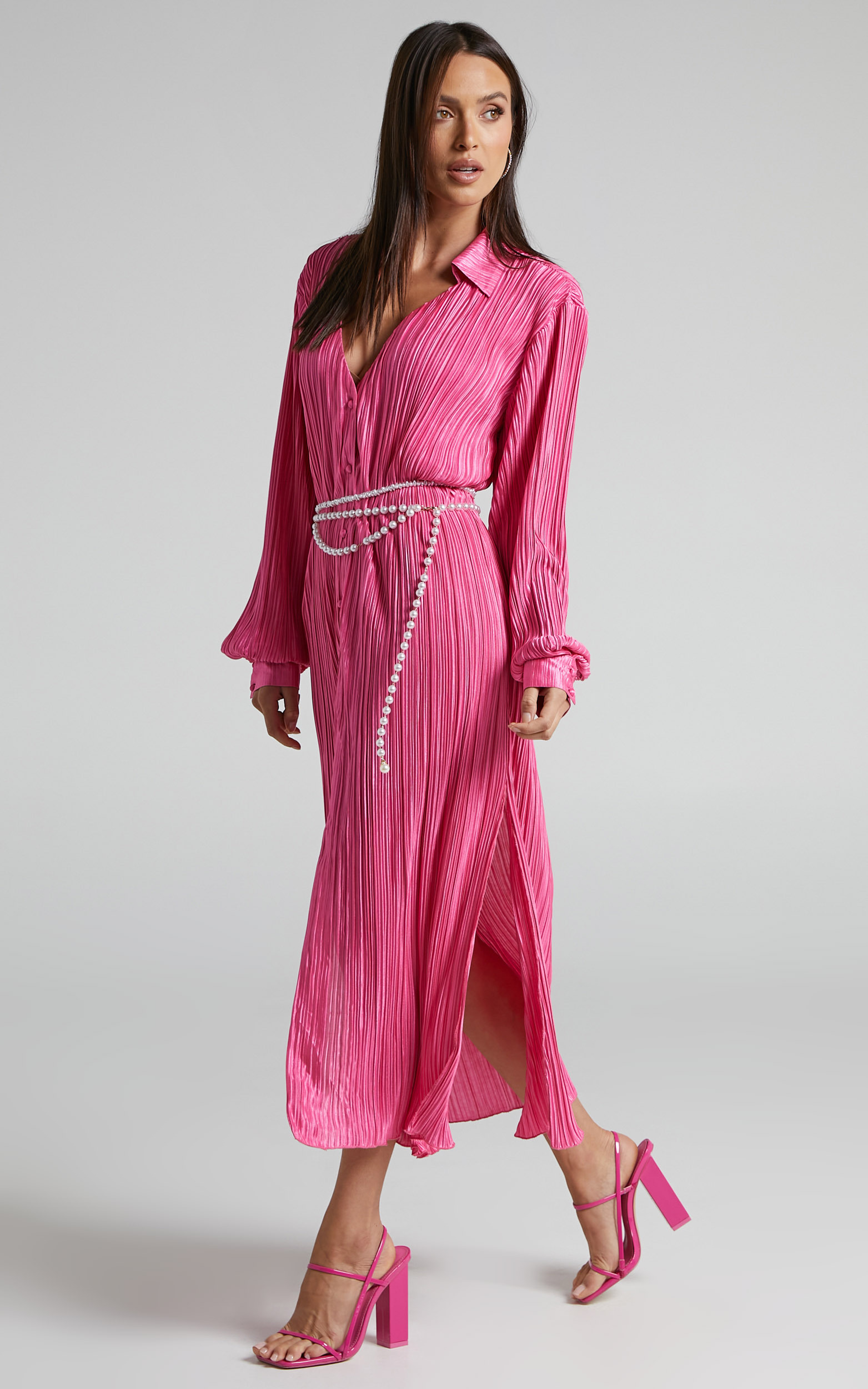 Donelli Plisse Oversized Collared Shirt Midi Dress in Pink | Showpo USA