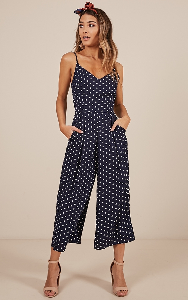 navy and white polka dot jumpsuit