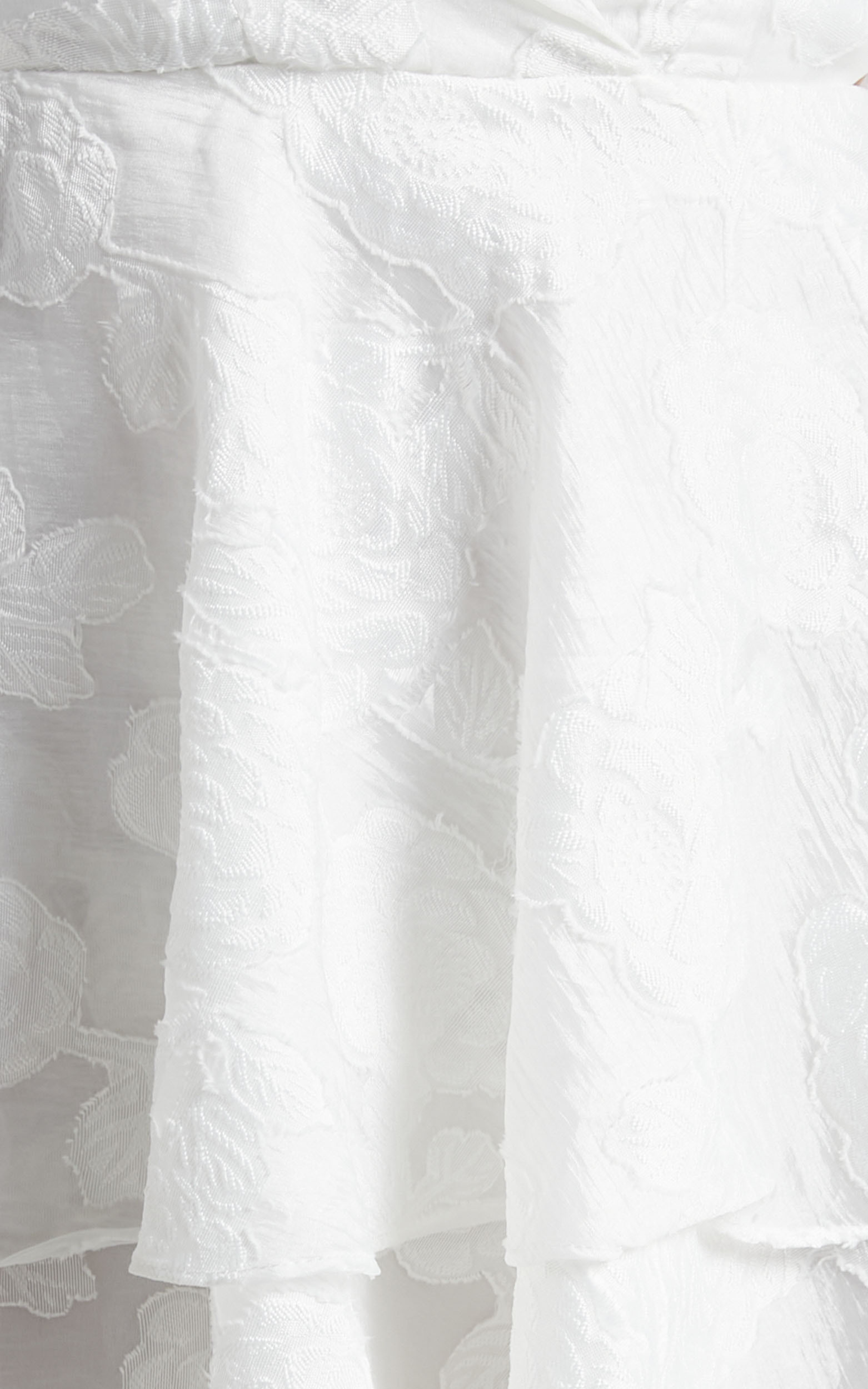 Allea Mini Dress - V Neck Balloon Sleeve Tiered Jacquard Dress in White ...
