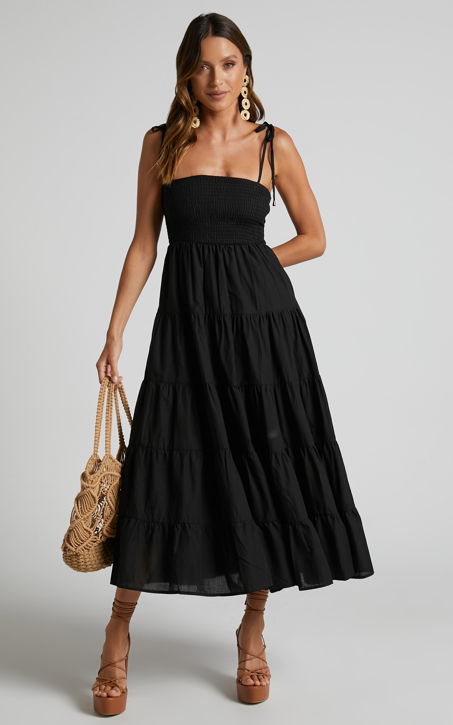 Ayla Midi Dress - Tie Up Strap Tiered Dress in Black | Showpo USA