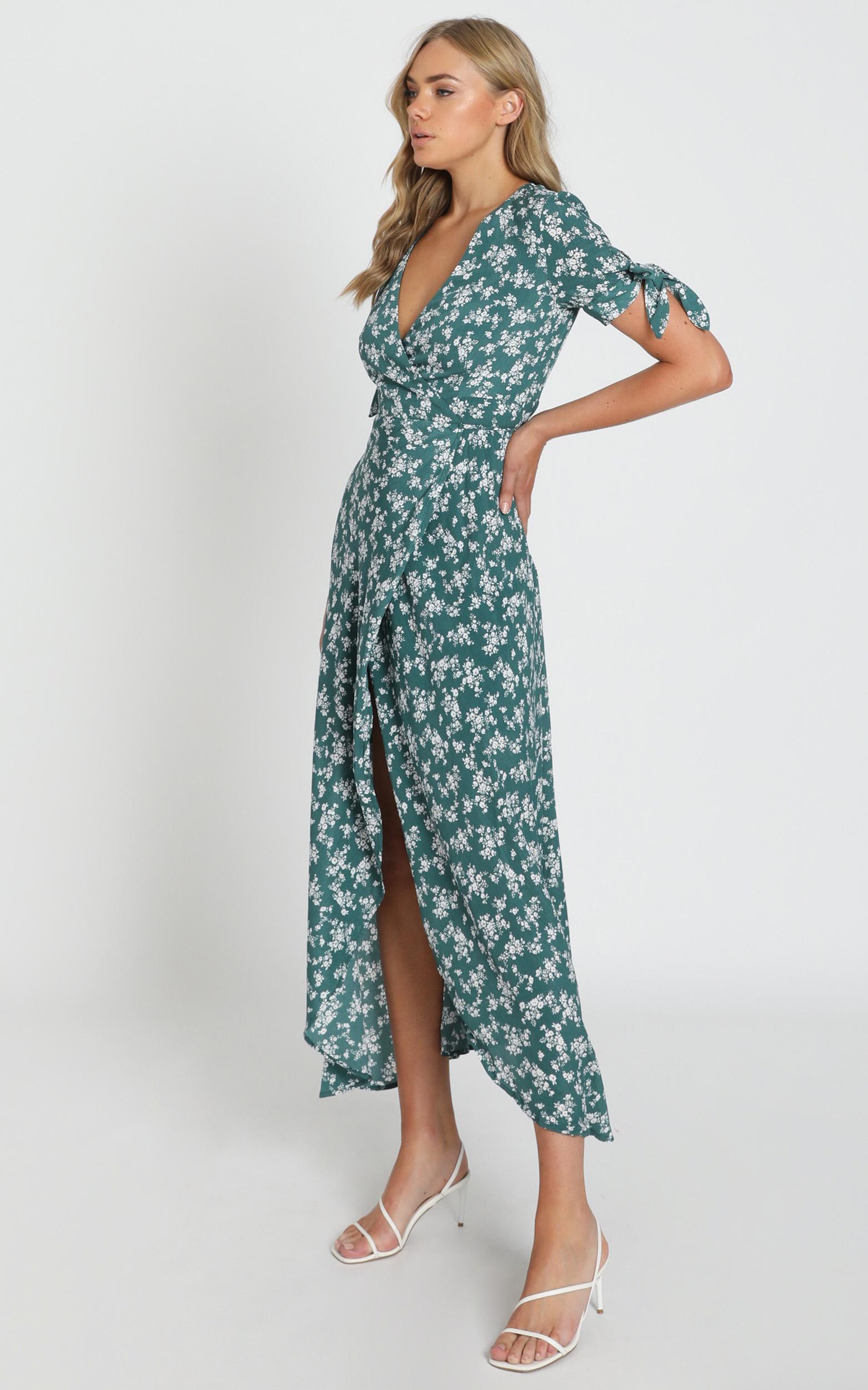 teal floral wrap dress