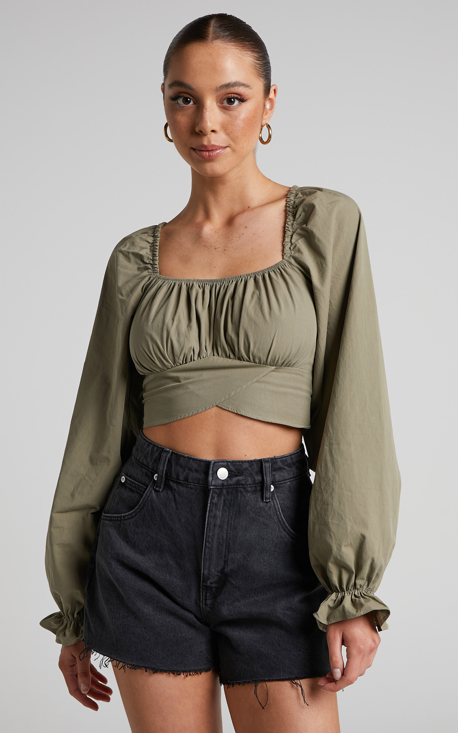 Verne Blouse - Long Sleeve Ruched Blouse in Khaki | Showpo USA