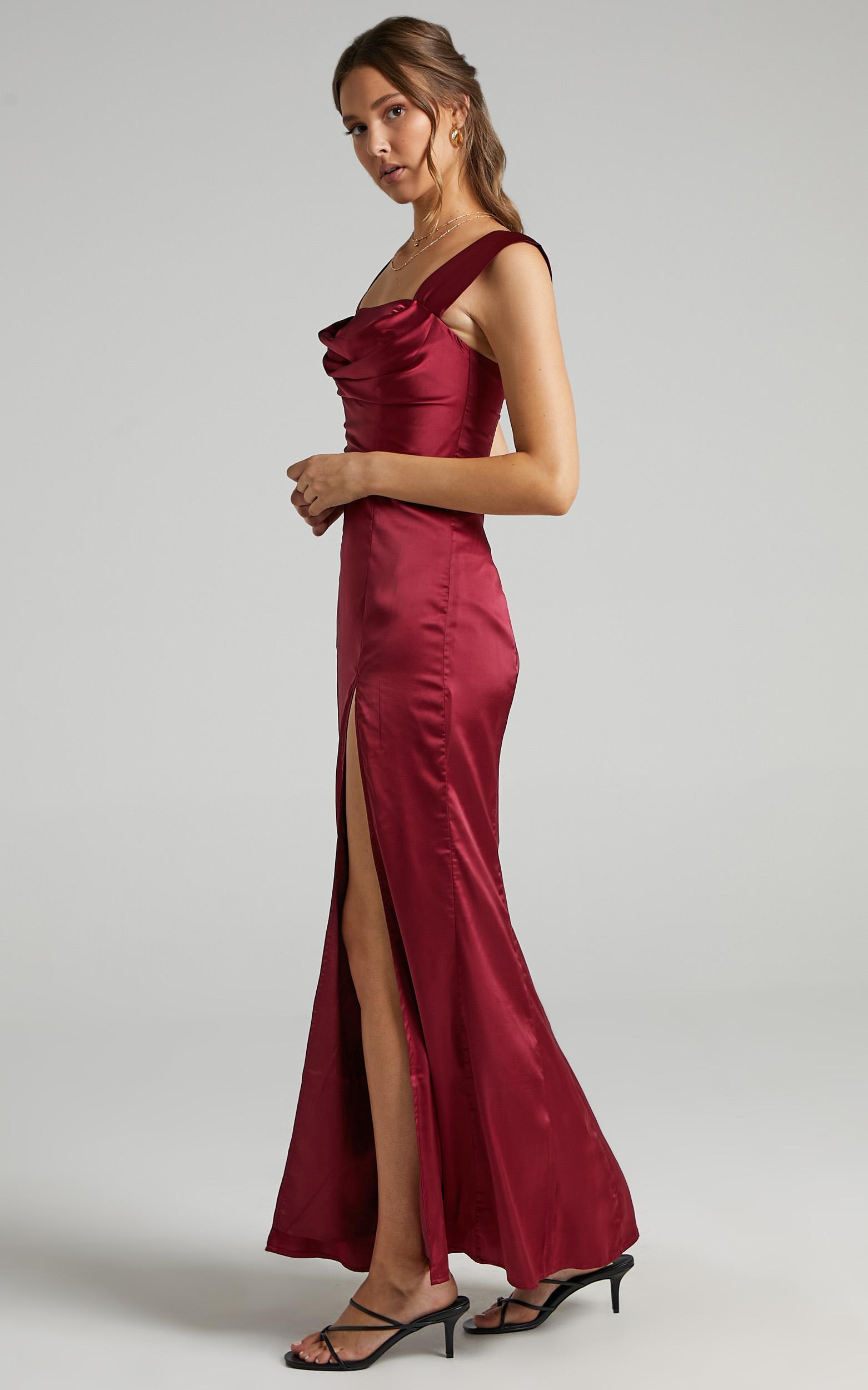 Faye Off Shoulder Maxi Dress in Wine Satin | Showpo USA