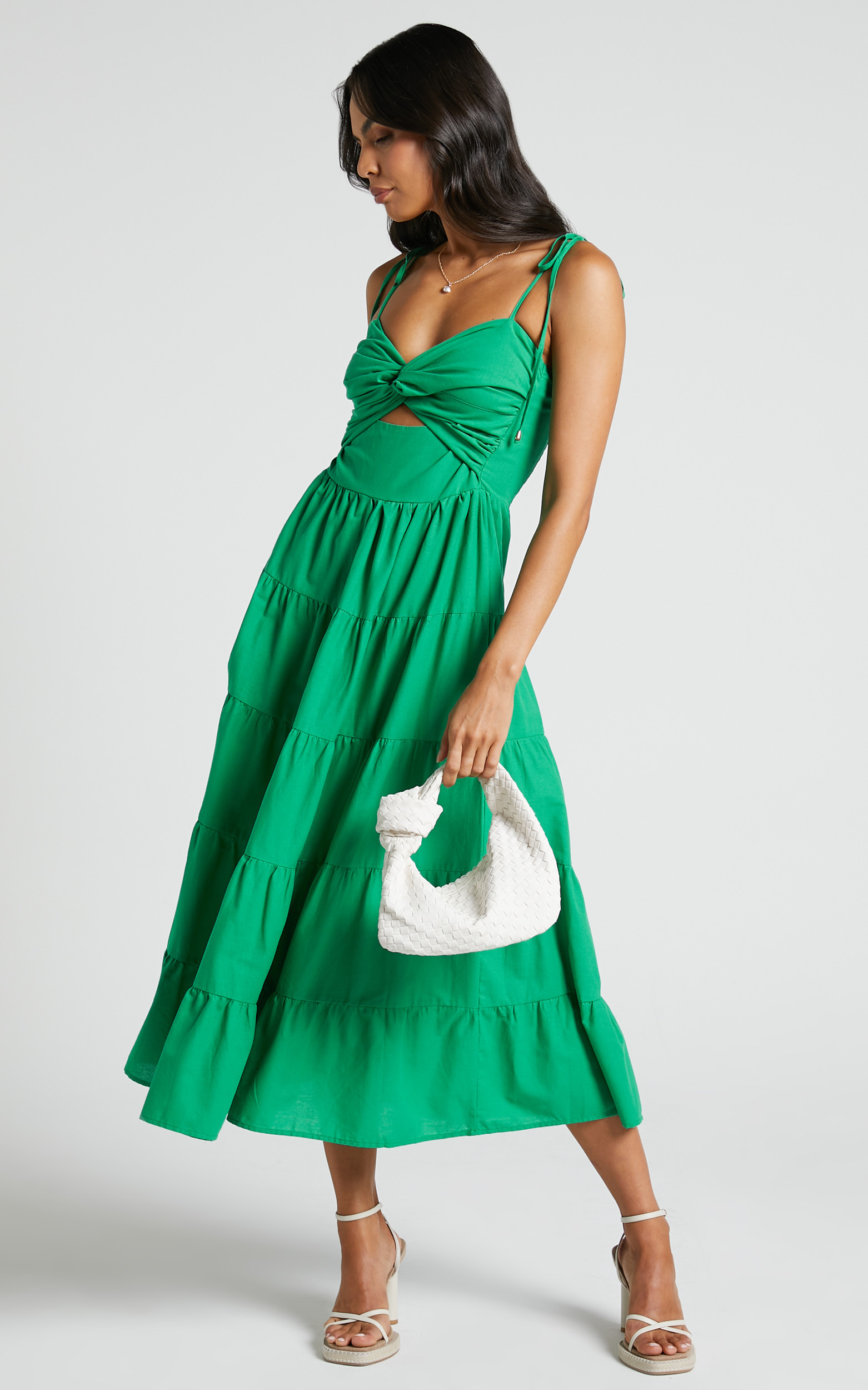 Leticia Maxi Dress - Twist Front Tie Strap Tiered Dress in Green ...