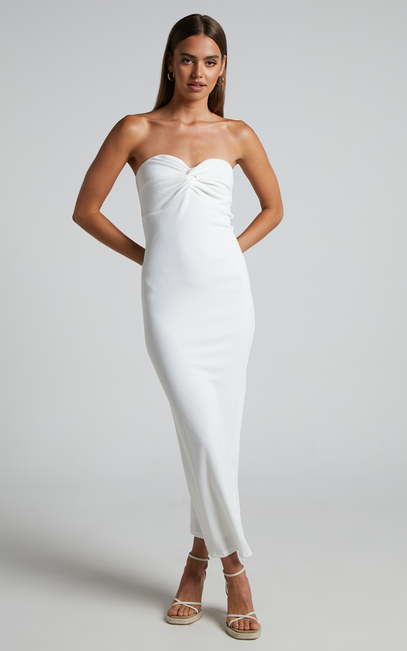 Aravis Midi Dress - Twist Front Strapless Ribbed Dress in White | Showpo USA
