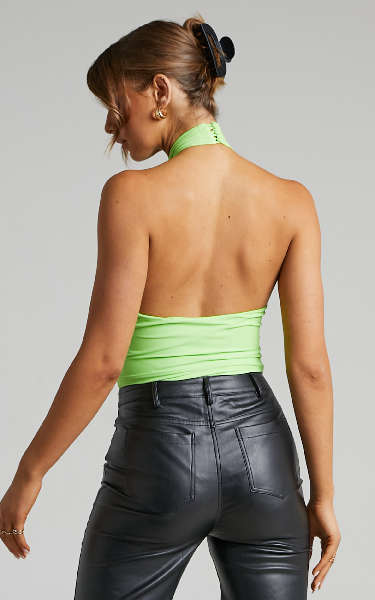 Kisa Cutout Halter Neck Bodysuit In Bright Green Showpo Usa